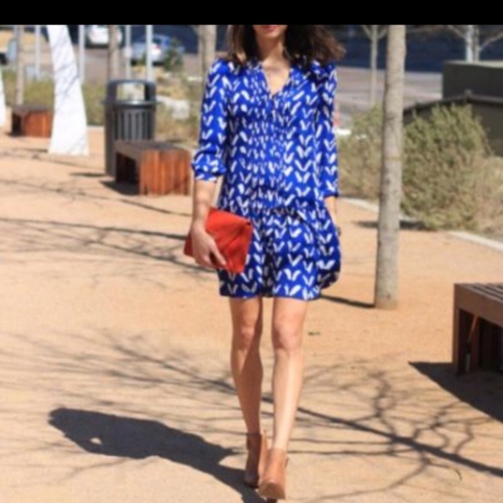 Anthropologie Royal Blue Printed Drop-Waist Mini Dress